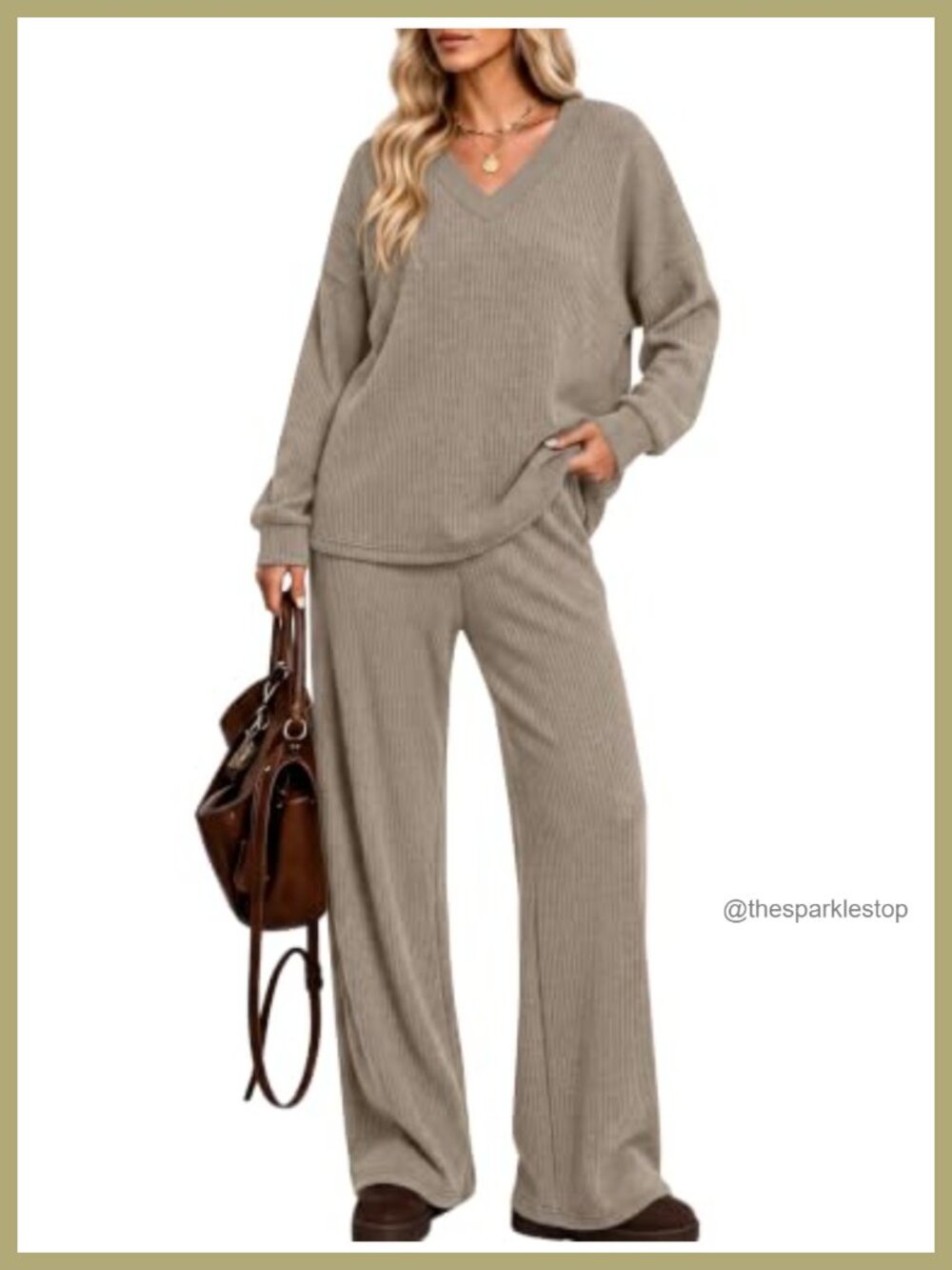 Sampeel Women's 2 Piece Lounge Set V Neck Long Sleeve Wide Leg Pants